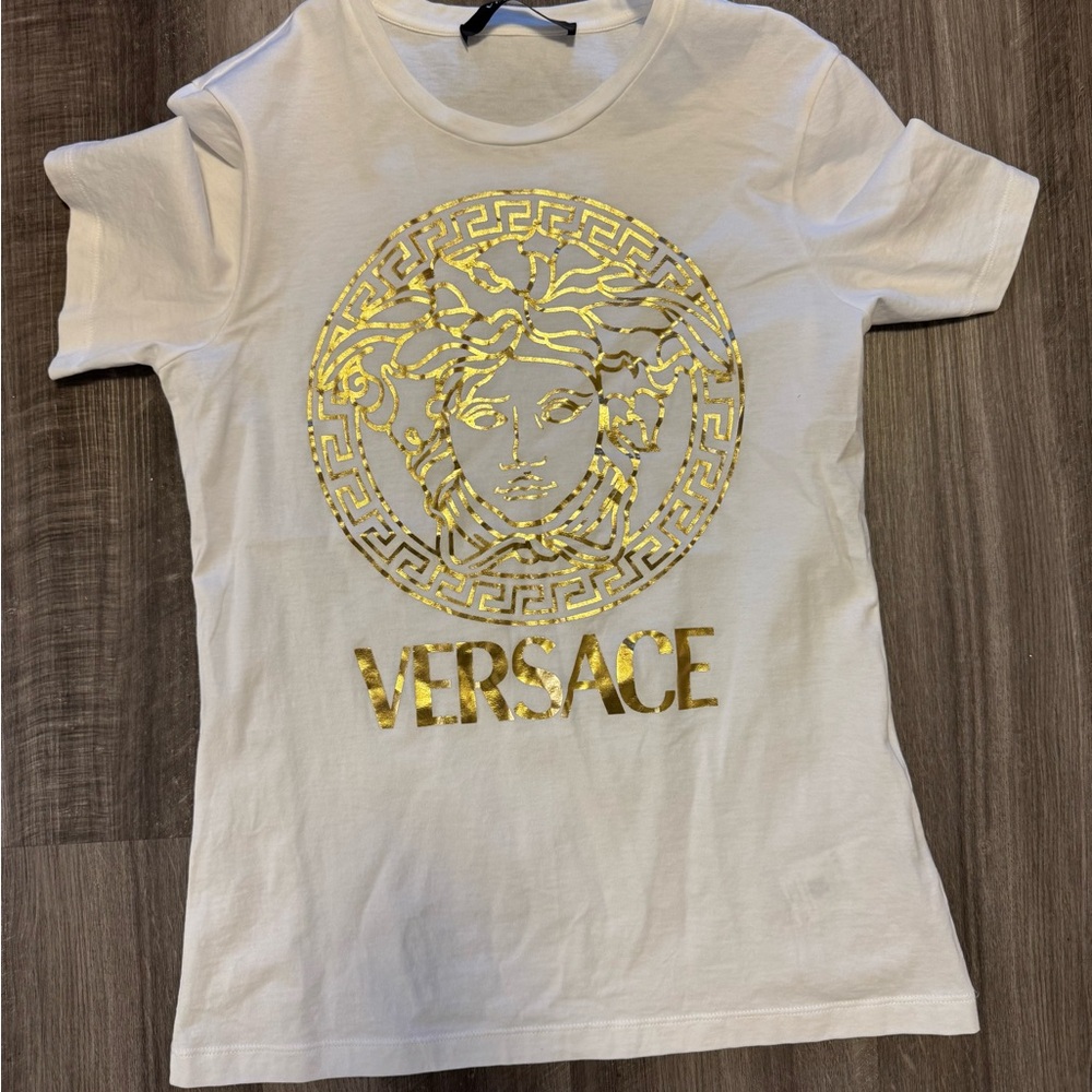 Versace White Tee with Gold Medusa Logo